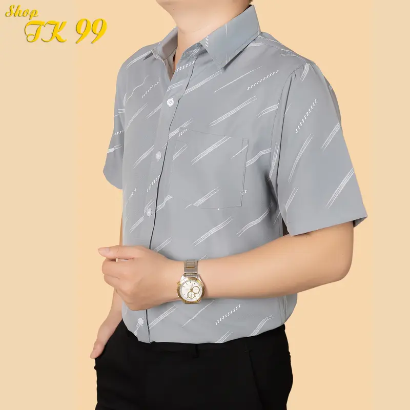 Áo sơ mi nam ngắn tay có túi lụa hàn chống nhăn Cổ Tròn Trung Niên 4