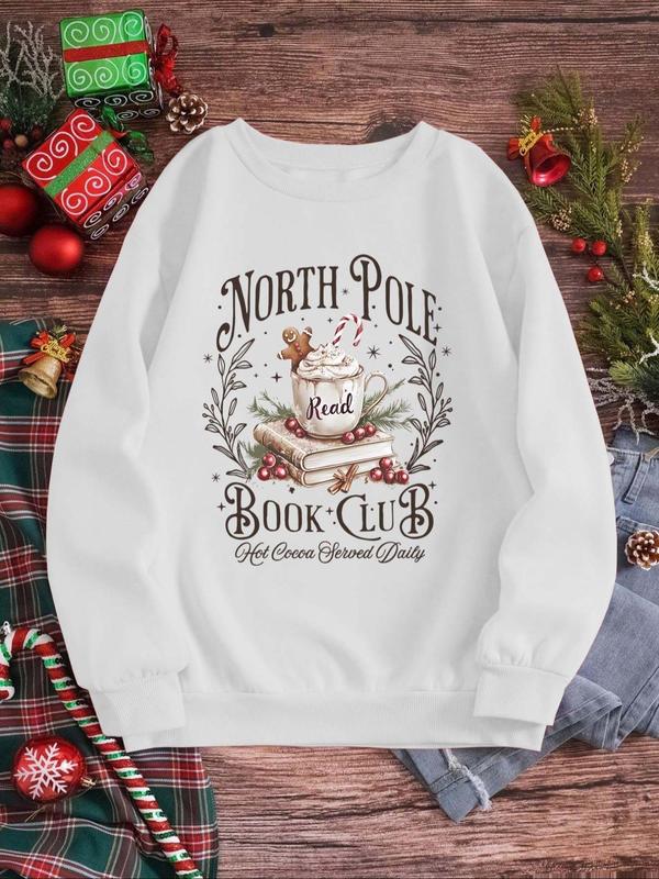 Women's Christmas Themed Letter Print Drop Shoulder Sweatshirt, Casual Long Sleeve Round Neck Pullover for Fall & Winter, Ladies Clothes for Daily Wear 6