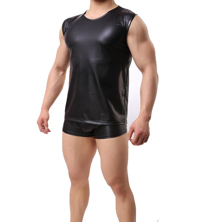 Product Introduction of New Men's Faux Leather Vest Comfortable round Neck Patent Leather Wide Shoulder Sleeveless Black Summer Hot-Selling Style inside Yiku Menswear Tops 7