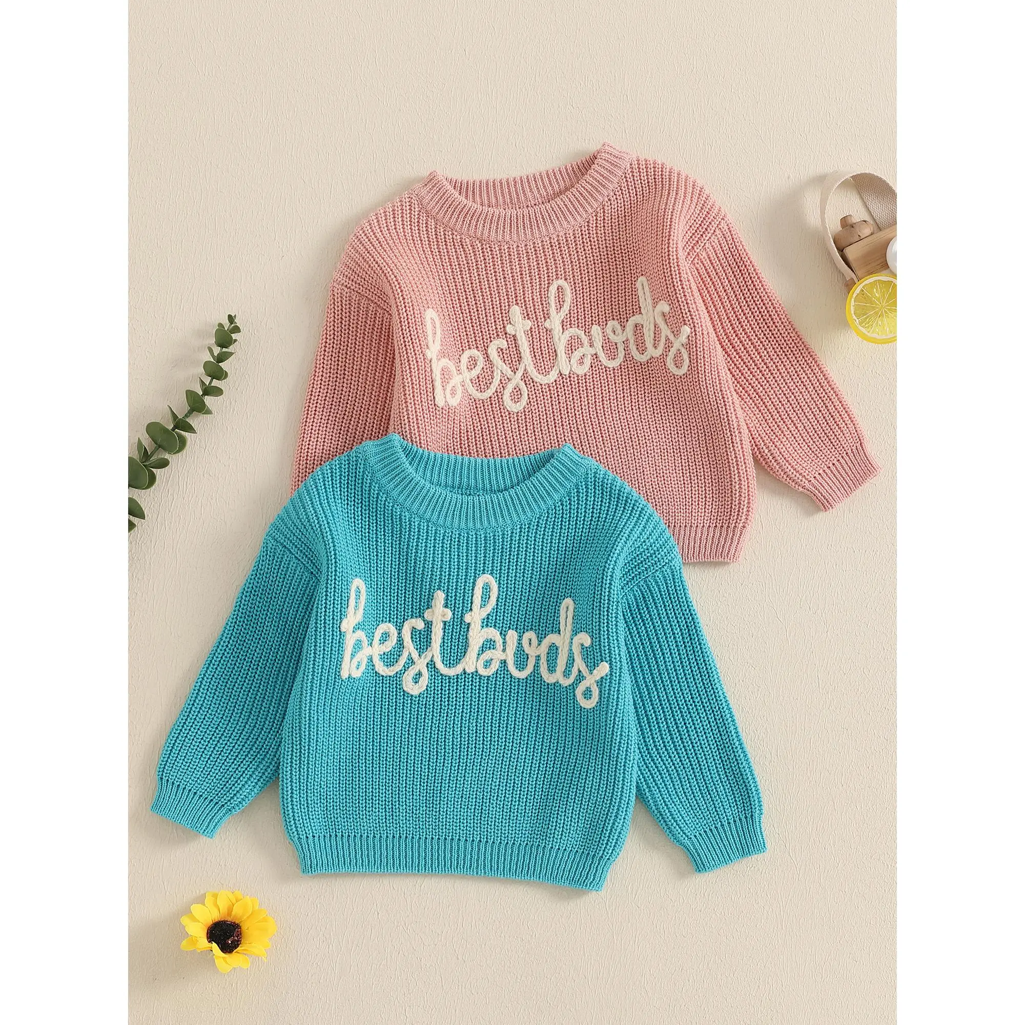 Kids Letter Embroidered Sweaters Long Sleeve Round Neck Ribbed Knitted Pullover Winter Tops