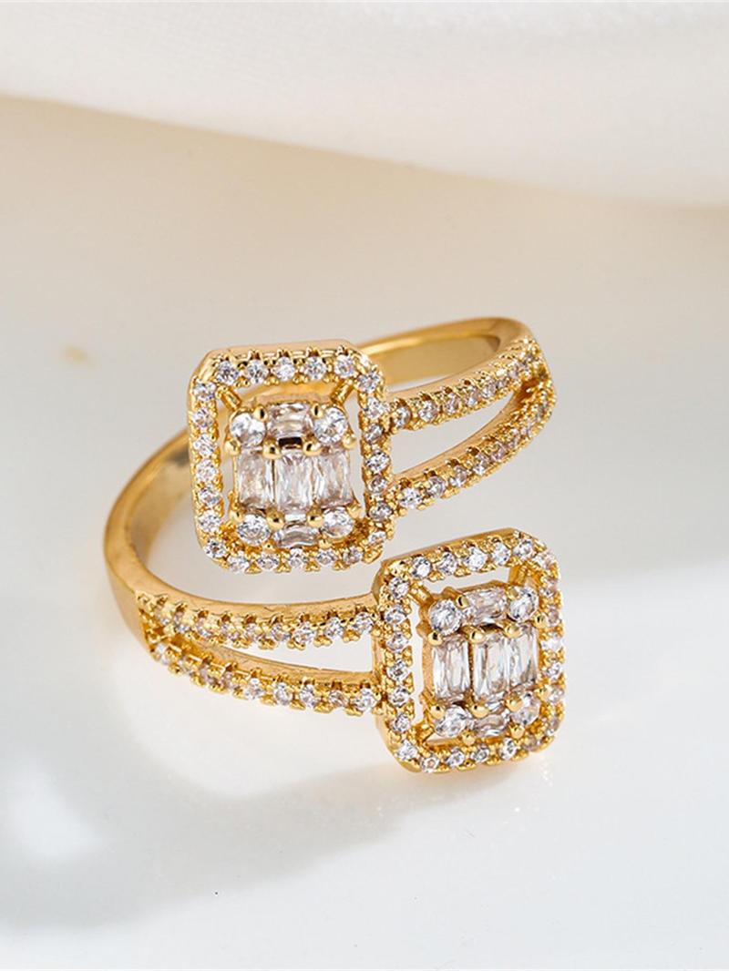 Product Introduction of Luxury Rhinestone Decorated Square Design Cuff Ring, Fashion Jewelry Accessories for Women, Engagement Wedding Anniversary Party Holiday Jewelry Gifts 4