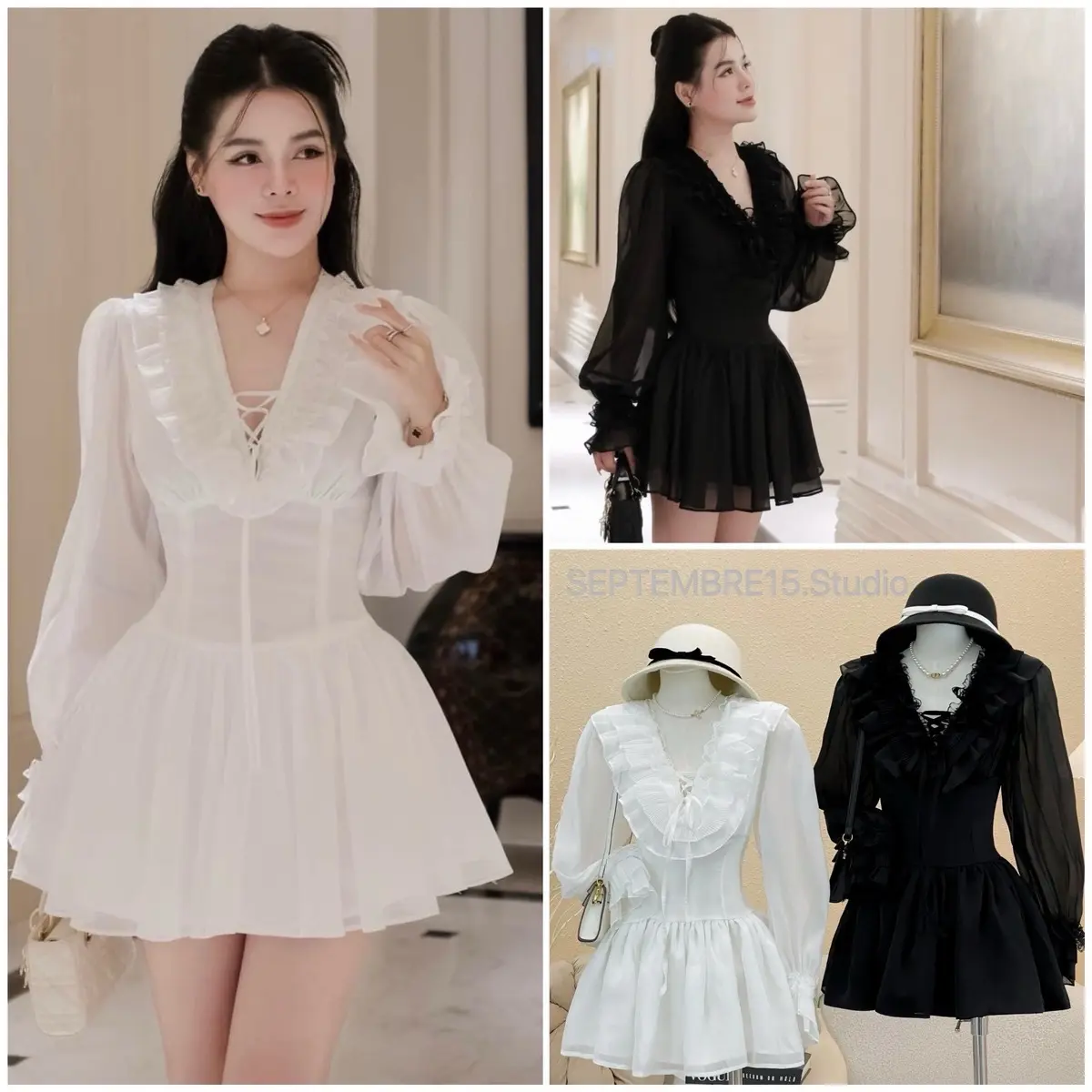 ￼(Hàng may loại 1) Đầm đi tiệc tơ voan bèo đan dây cổ tim trắng đen thanh lịch quyến rũ Nữ Women váy  tiệc váy  trang Voi Dress