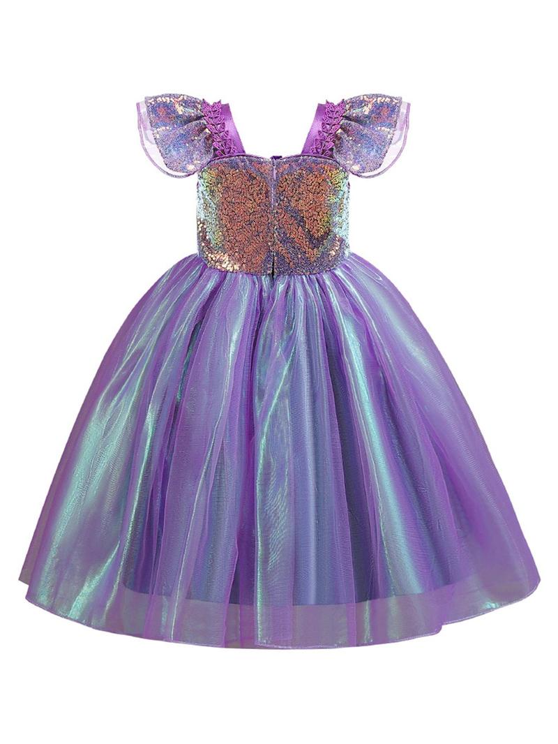 Product Introduction of Girl's Contrast Sequin Faux Pearls Decor Butterfly Sleeve Zipper Back Costume Dress with Necklace & Bracelet & Earrings & Ring & Bag & Hairpin, Fancy Mermaid Costume Dress with Accessories Costume for Party Show, Kids Birthday Party Clothes 9