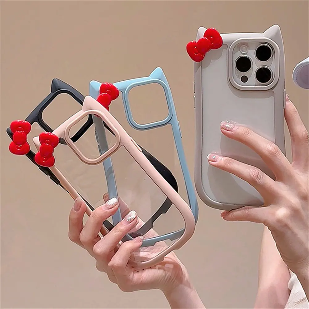 Cartoon Cat Ears 3D Bow Clear Silicone Soft Phone Case For iphone 16 15 14 13 12 Pro Max 11 Cute Shockproof Bumper Cover Gift