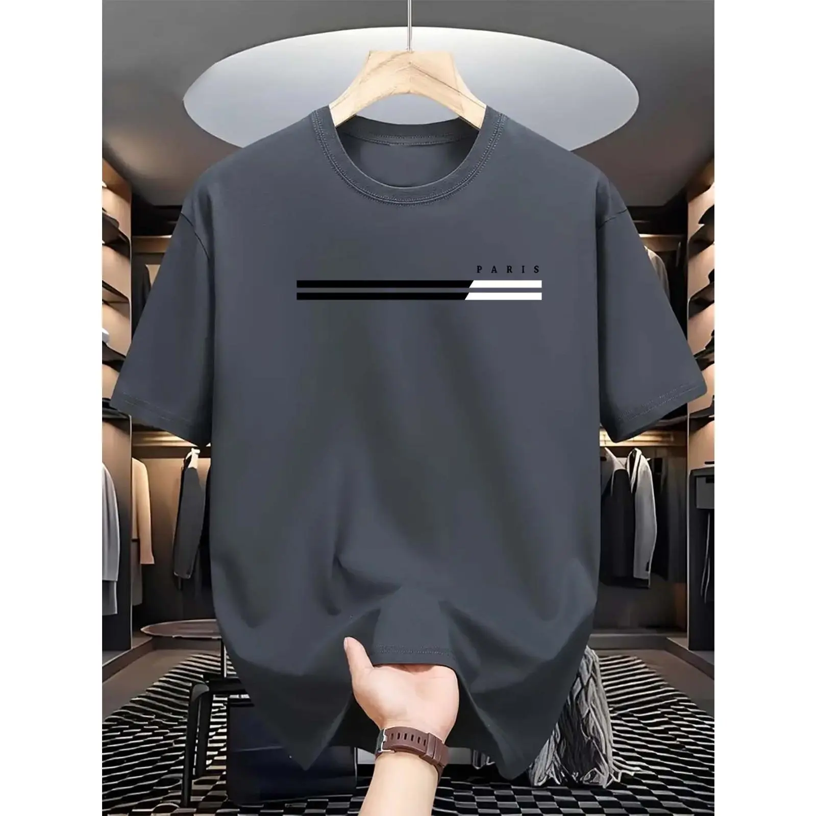 T-shirt of a Casual Summer, For Men, with Paris Letter Print, Made of a Polyester Related Factory, Round Leaf, Suitable to Selesa, Physical Fingerprint Top, Suitable to Adults