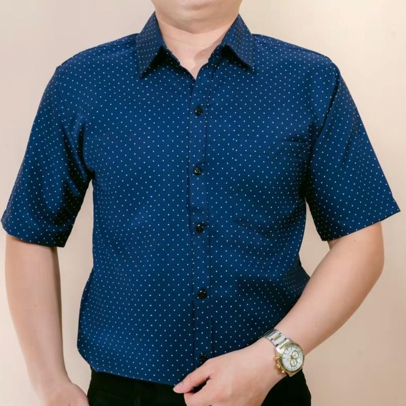 Áo Sơ Mi Nam Chấm Bi Trung Niên Ngắn Tay Có Túi Lụa Hàn Menswear Shirt Có Cổ