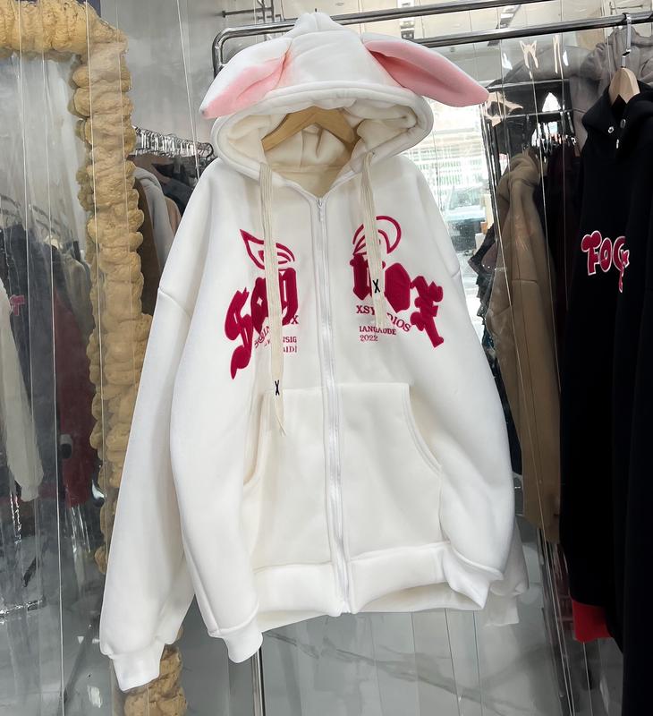 Áo khoác nỉ lông cừu dày tai thỏ SAN - Free Size 42-70kg - Dài Tay Hoodie