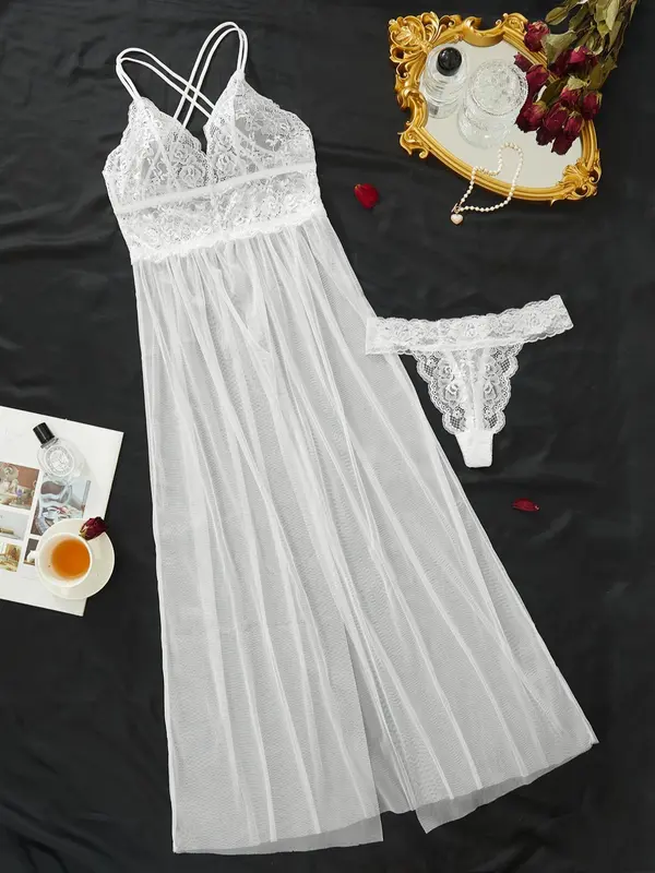 Women's Sheer Criss Cross Cami Nightdress & Scallop Trim Thong PJ Set, Breathable Split Lace Nightgown & Panty, Women's Loungewear For Summer, Summer Clothes Women 0