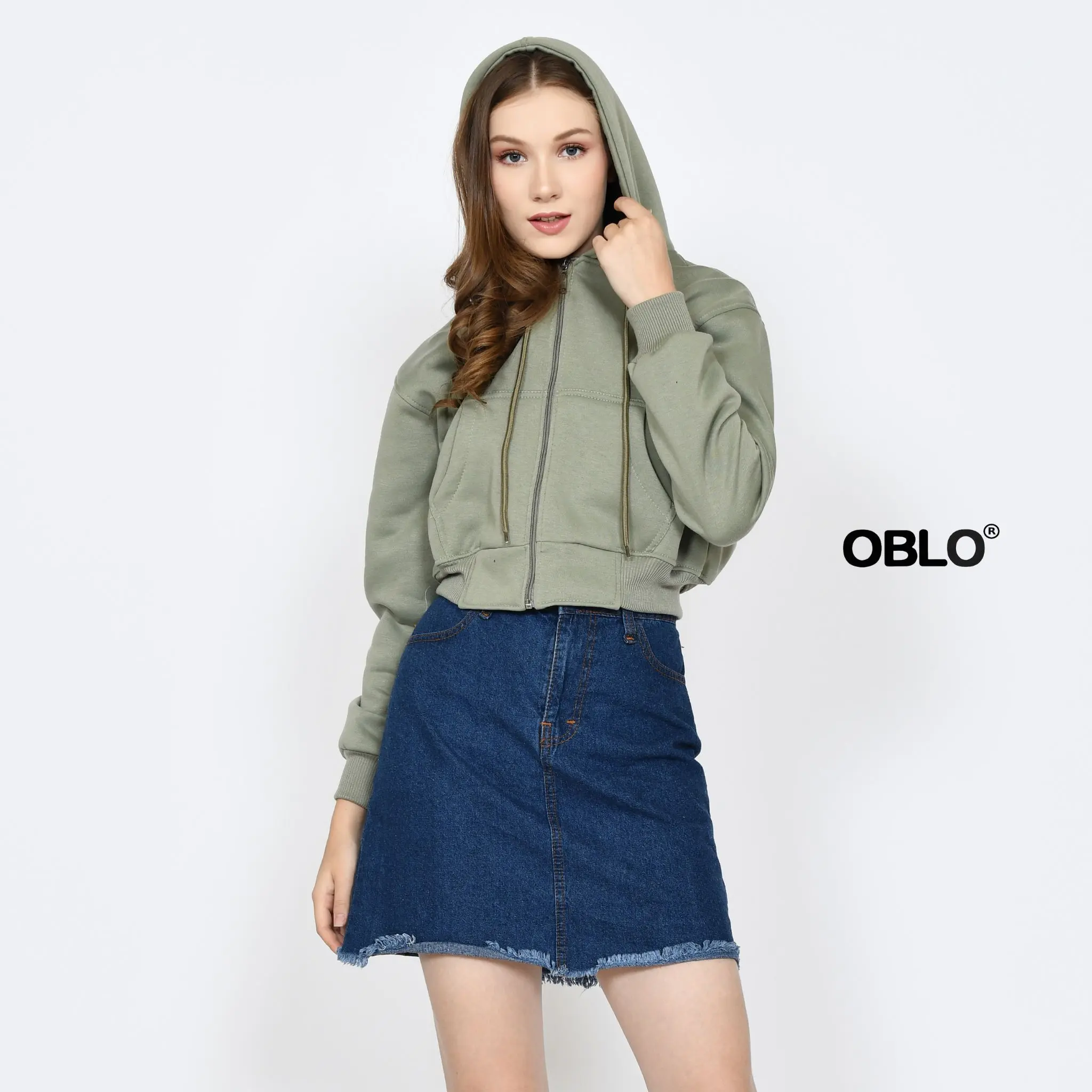 OBLO Hoodie Crop Zipper Polos Wanita Allsize Premium Fleece Fit Tebal