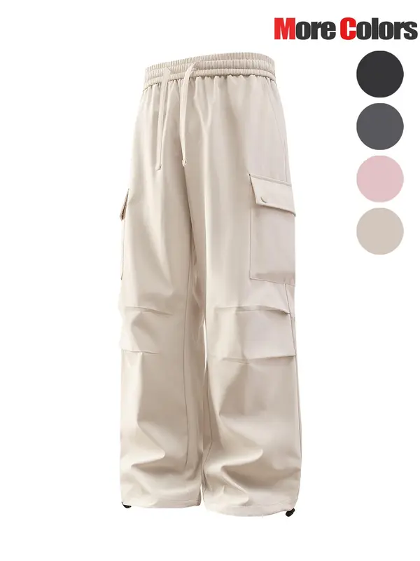 Men's Solid Color Flap Pocket & Slant Pocket Design Drawstring Waist Cargo Pants, Loose Casual Comfortable Windproof Waterproof Wide Leg Trousers with Drawstring Hems for Outdoor Activities, Fashion Men's Bottoms for All Seasons 2