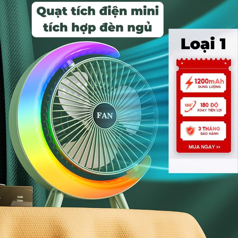 Quạt Tích Điện Để Bàn Xoay 180 Độ Tích Hợp Đèn Ngủ -3 chế độ gió - Quạt Tích Điện Mini , Cổng Sạc USB TypeC , Dung Lượng Pin Lớn - Đèn LED nhiều màu sắc