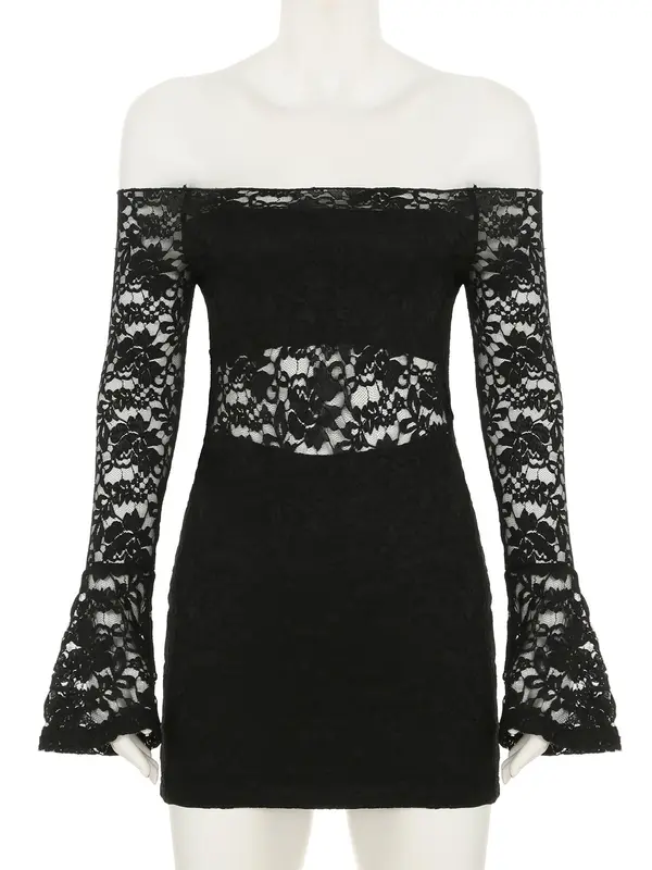 Women's Off The Shoulder Sheer Floral Lace Dress, Elegant Fashion Long Sleeve Short Dress for Party Club Dating Wear, Women Dress for Spring & Fall 3