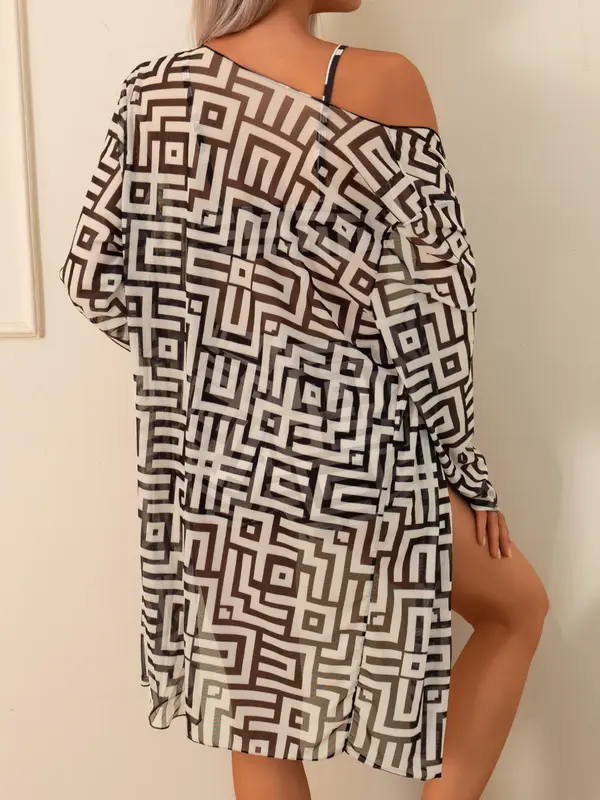 Three-piece Set Women's All Over Geometric Print Bikini Set, Chic Long Sleeve Sheer Cover Up Top & Tie Front Swim Bra & Short Set, Ladies Swimsuit for Beach Holiday Vacation 1