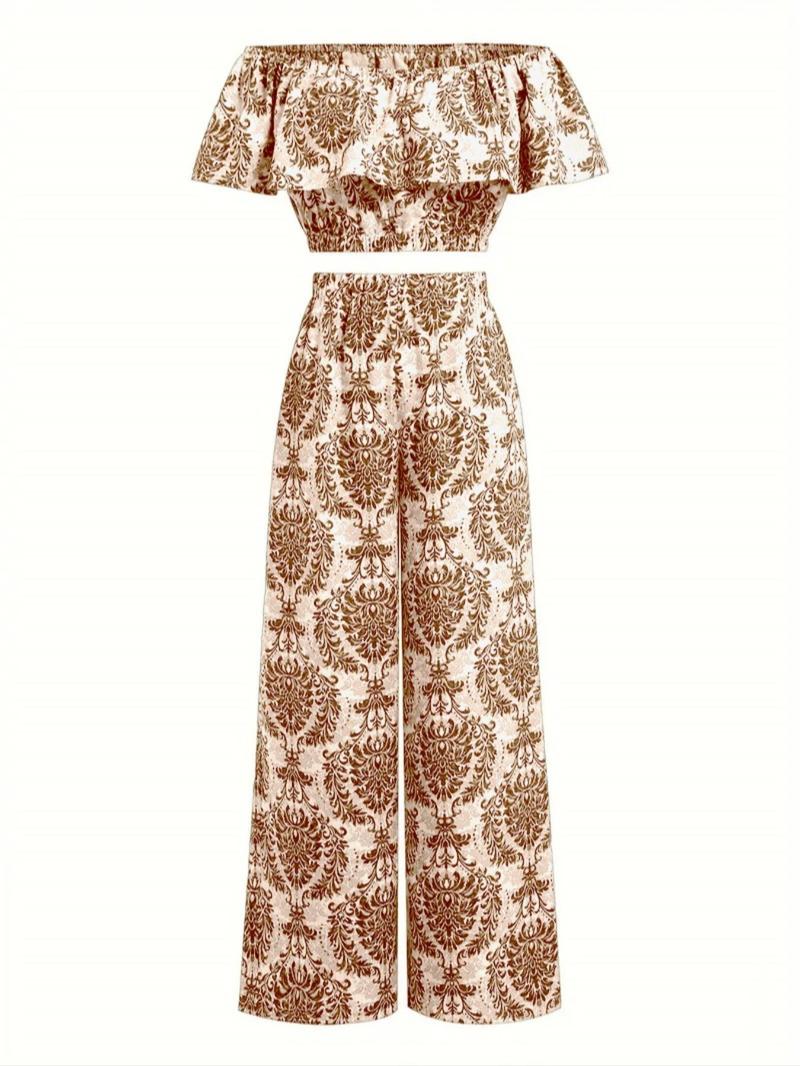 Product Introduction of Women's All Over Print Off Shoulder Top & Wide Leg Pants Set, Casual Fashion Two-piece Set for Summer, Women's Clothing for Daily Wear 8