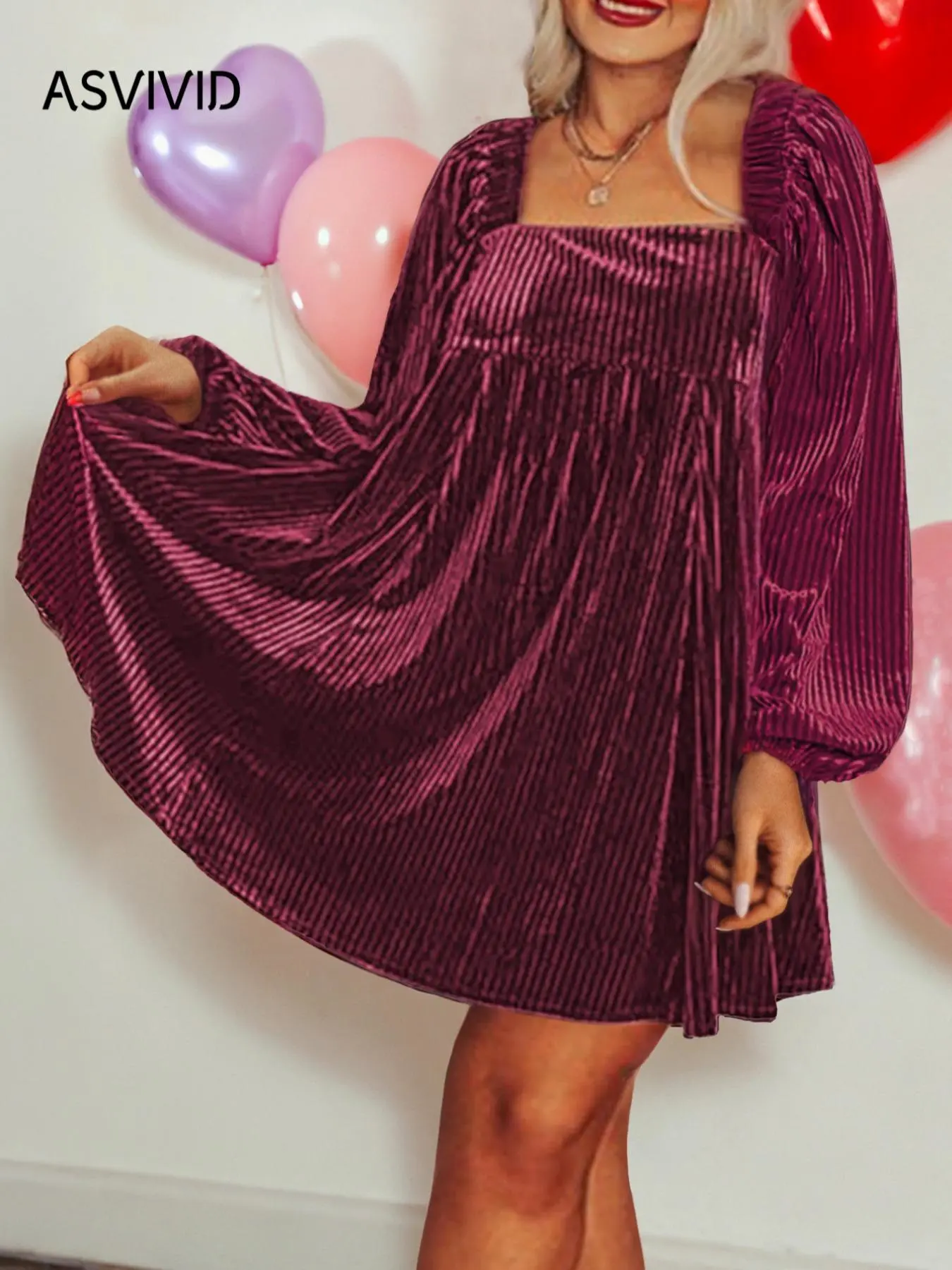 【Plus Size】 Velvet Tie Back Backless Dress, Elegant Bishop Sleeve Square Neck Dress for Fall & Winter, Women's Clothes for Daily Vacation Party Valentine's Day, gift