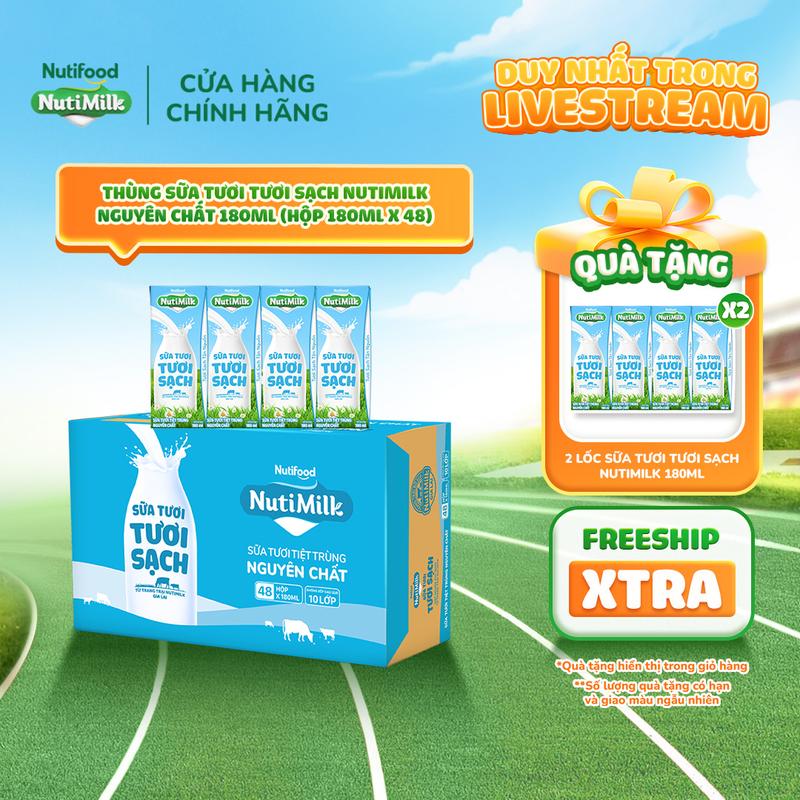[NTF] Thùng Sữa Tươi Tươi Sạch NutiMilk Không Đường 180ml (Hộp 180ml x 48)
