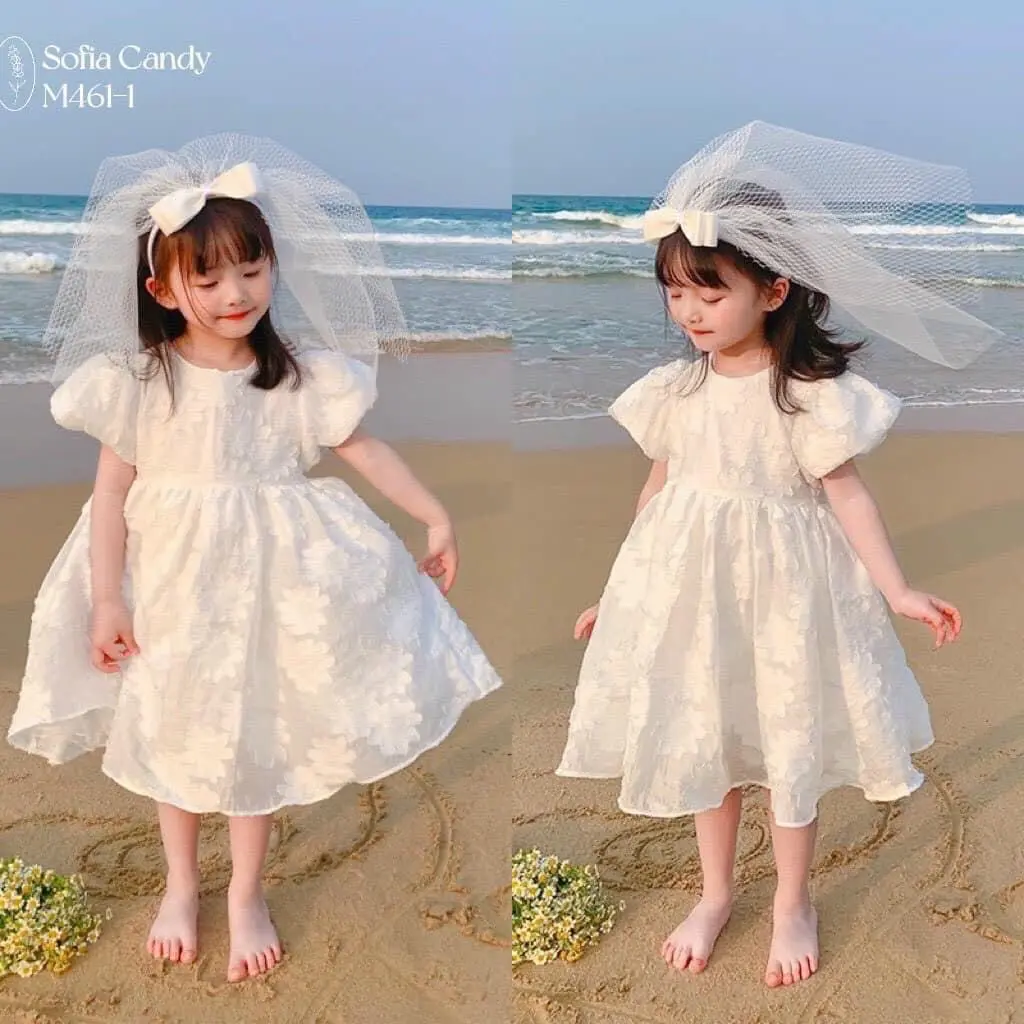Váy Đầm Gấm Hoa Tay Phồng Cao Cấp Cho Bé Gái