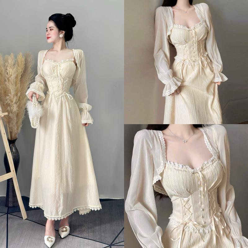 Đầm Dress Nữ Thiết Kế EMME  V2000 - 2 Món Gồm Váy 2 Dây Dáng Dài Tiểu Thư Women Voan Nhung ( Kèm Áo Khoác )