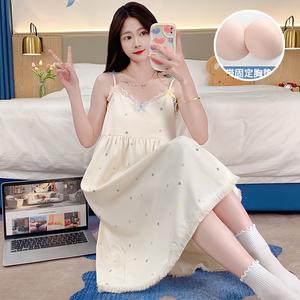 Baju Tidur Tanpa Tali Kapas Tulen, Koleksi Baru Musim Panas, Untuk Wanita, dengan Bra Terbina dalam, Rekaan Gadis Remaja Manis, Fabrik Bernafas, Gaya Comel, Sesuai untuk Ruang Rehat Rumah, Tidur Selesa, dan Malam Santai di Cuaca Panas
