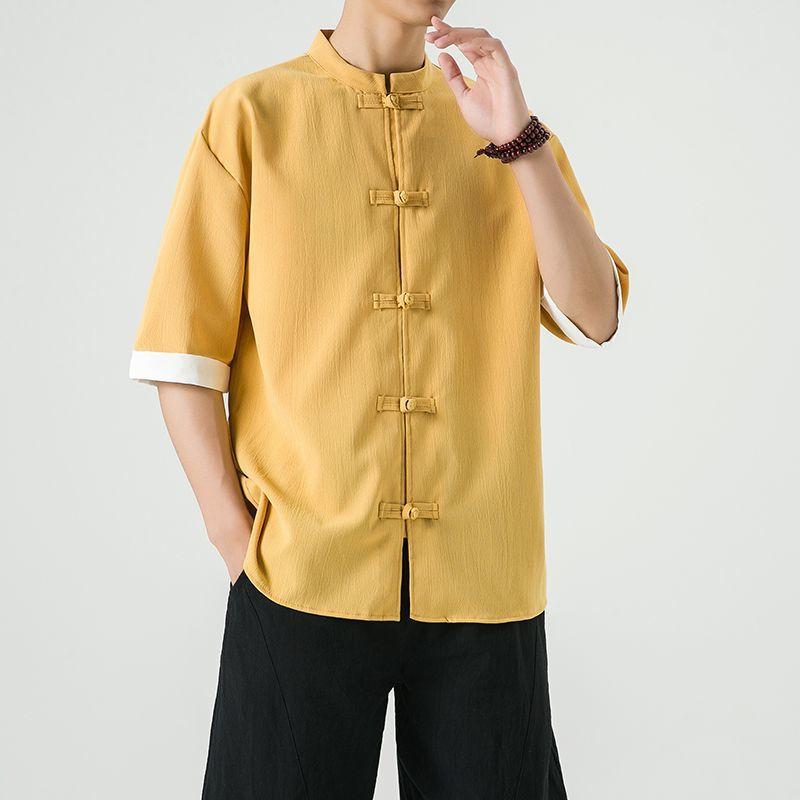 Product Introduction of Men's Shirt, Tang Suit Shirt, Chinese Style, Tai Chi Clothing, Kung Fu Clothing, Linen Thin Stand Collar Buttoned Zhongshan Suit Menswear Top chinese man red shirt chinese fashion outfit Lingerie Beige 25