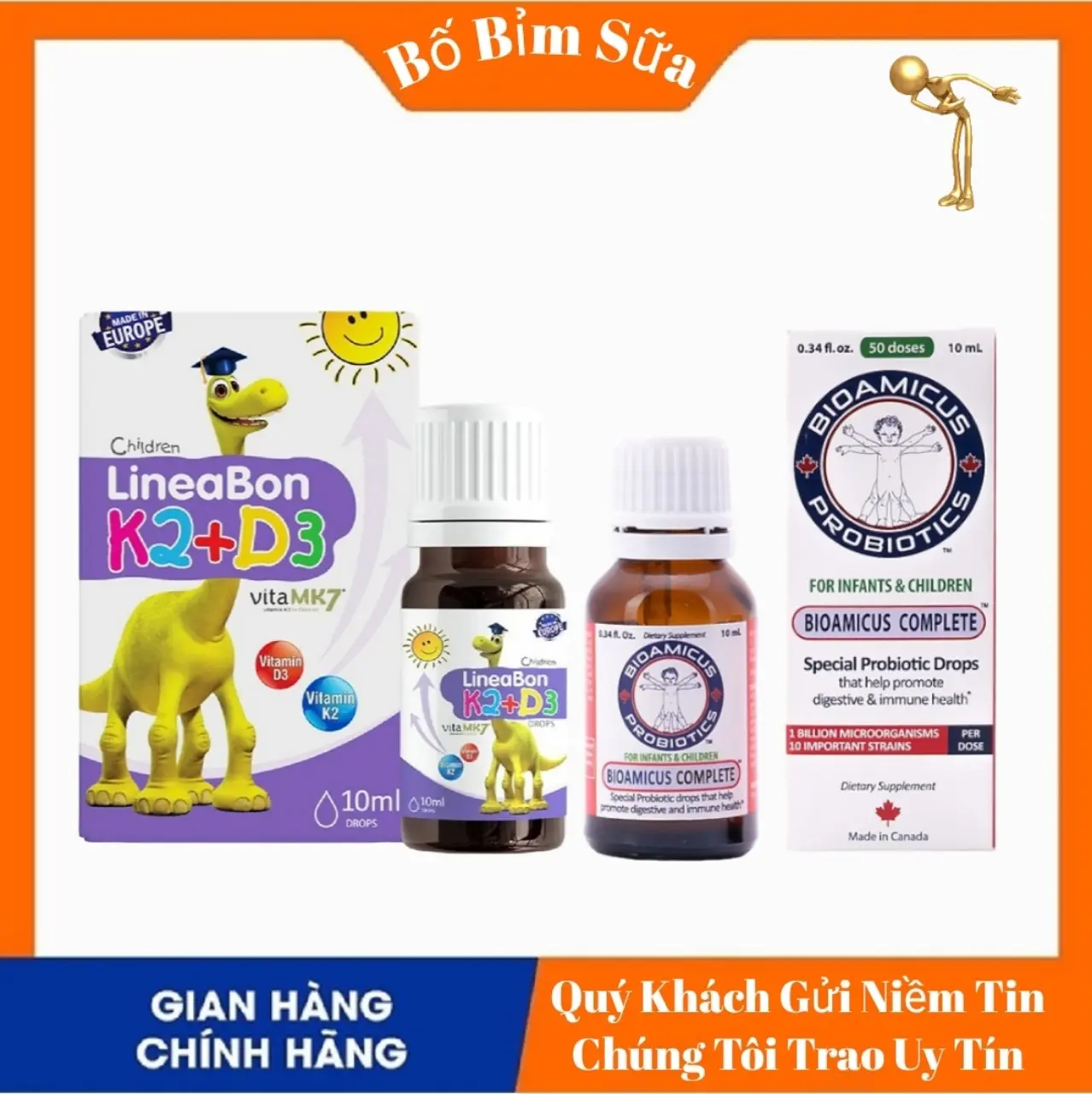 [ Chính Hãng ] Men 10 Chủng BioAmicus Complete hộp 10ml Hỗ Trợ Giảm Rối Loạn Tiêu Hoá, Cải Thiện Đường Ruột Và Lineabon Vitamin K2+D3 Bổ Sung Vitamin K2, Vitamin D3 Hâp Thu Canxi Vào Xương Và Răng Hộp 10ml Men Vi Sinh Cho Bé