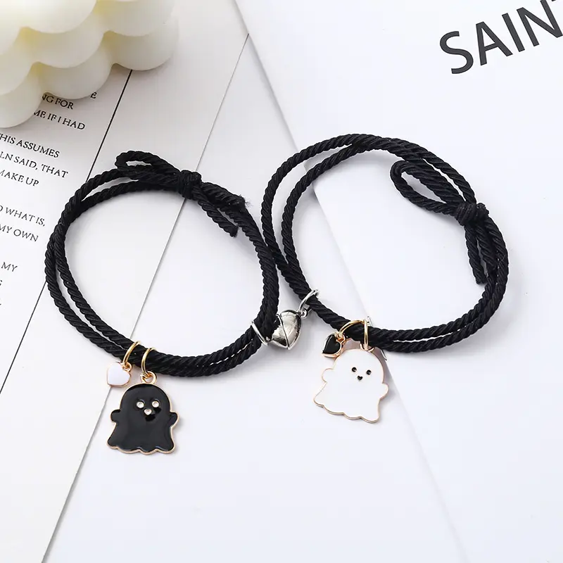 2 pcs/set Cute Cartoon Ghost Magnet Woven Bracelet For Couple Fashion Link Jewelry Lover Best Friendship Gifts Wristband Decoration