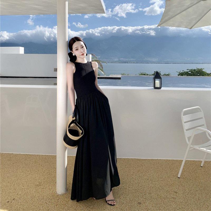  Váy len tăm   phối thô   3 lỗ dáng xòe váy thiết kế dáng dài dễ thương Nữ Dress Women Kem Màu Đen 