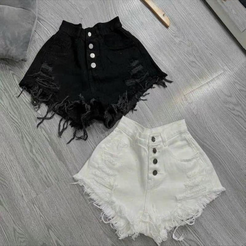 Quần short jeans nữ lưng cao rách tua rua phối gài nút kiểu hai màu Trắng/ Đen Pants Women