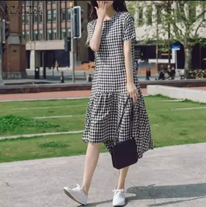 Midi Dress SIZE S M L XL XXL JUMBO 6 Varian Warna Motif Kotak Lengan Pendek Poliester Wanita Casual Motif Kotak-kotak