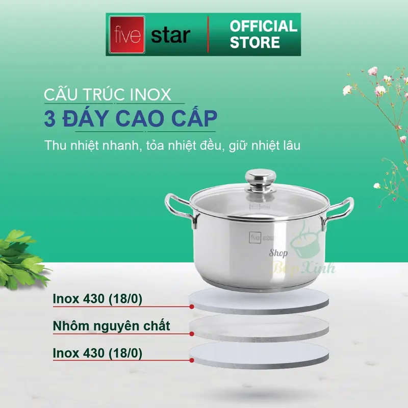 Bộ nồi chảo 3 đáy inox 403 Fivestar 5 món nắp kính tặng 5 muỗng ăn( N16cm x N18cm xN20cm x N24cm x chảo 24cm) 2