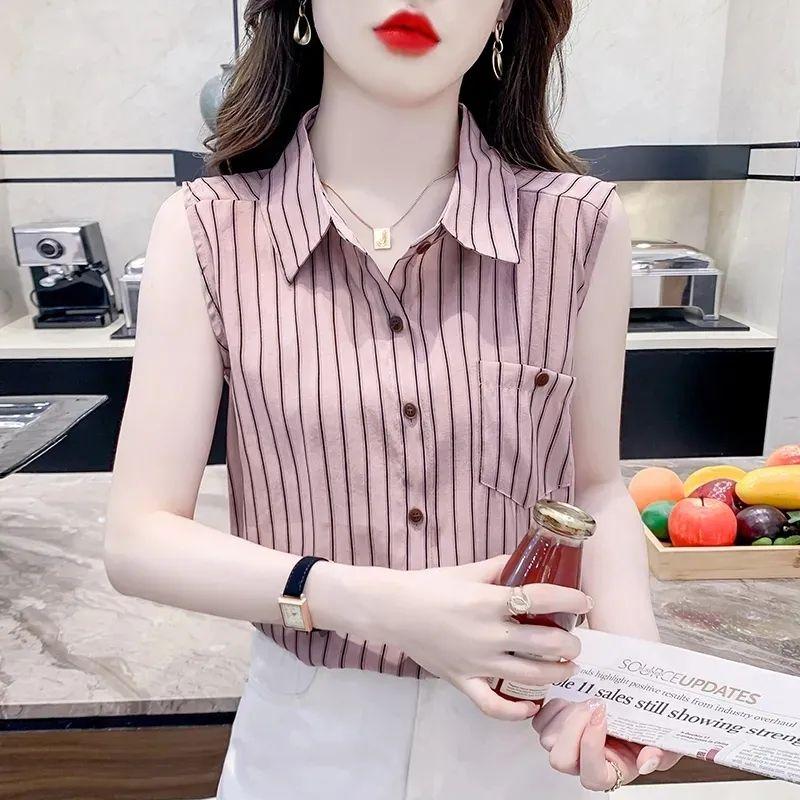 Áo Voan Kẻ Sọc, Dành Cho Nữ, Áo Không Tay, Bộ Sưu Tập Mùa Hè Mới 2024 3