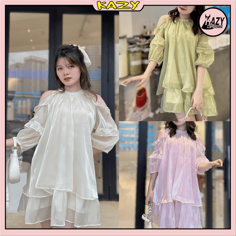 Váy tơ óng trễ vai may hai lớp Đầm babydoll cổ yếm hở vai phong cách tiểu thư nhẹ nhàng KAZY STORE V032