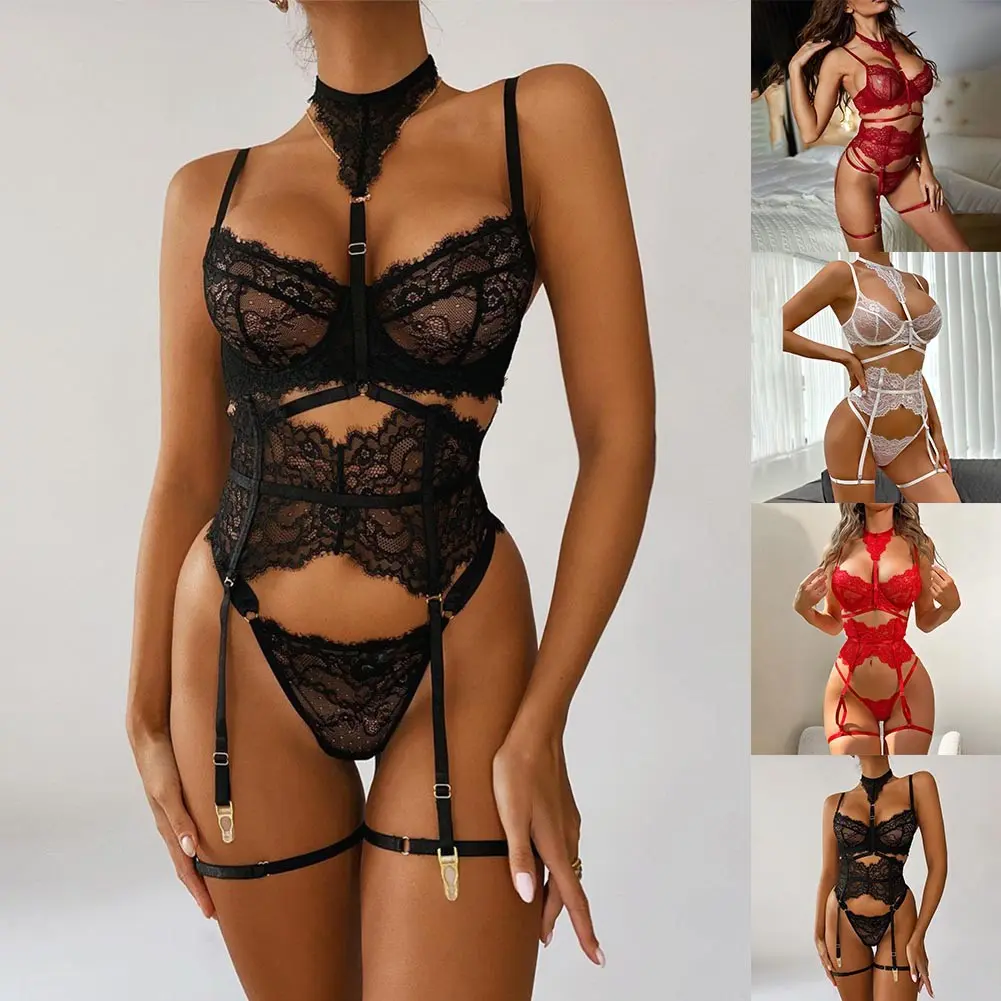 Sexy Women Underwear Lace Bra G-string Garter Belt Thong Set Lingerie Nightwear