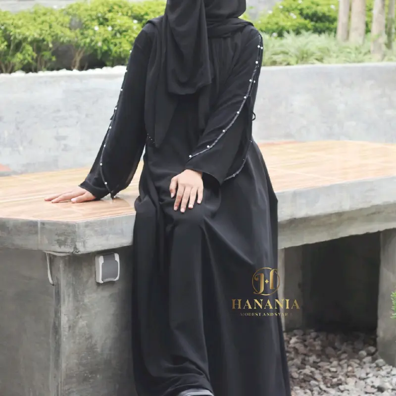 Abaya/gamis Anelda jetblack hitam Muslim Kombinasi Sifon Mutiara by hanania 2