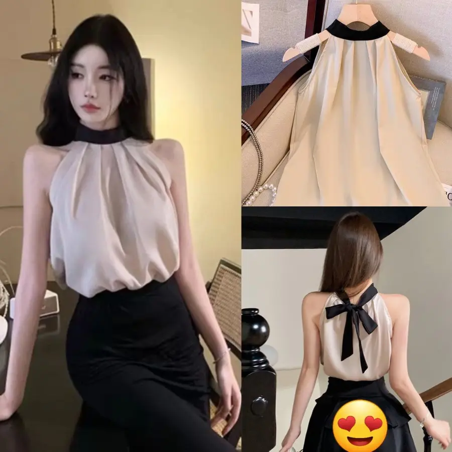 Áo Cổ Yếm Tiệm Tiểu Hạ Phong Cách Hàn Quốc Cao Cấp Sang Trọng - Màu Kem