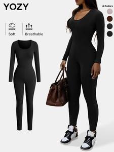 YOZY Waist-hugging Jumpsuit, Casual Minimalist Breathable Slim Long Sleeve Square Neck Bodycon Jumpsuit, 2024 Women's Daily Wear for Spring & Autumn