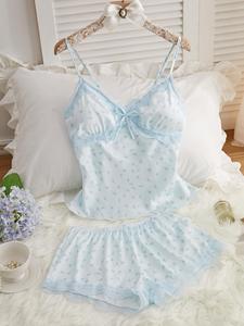女性のディッツィーな花柄のコントラストレースのパジャマ2点セット、シックな快適な弓の装飾のCami Top&Elastic Waist Shorts PJ Set、すべての季節の女性のスリープウェア