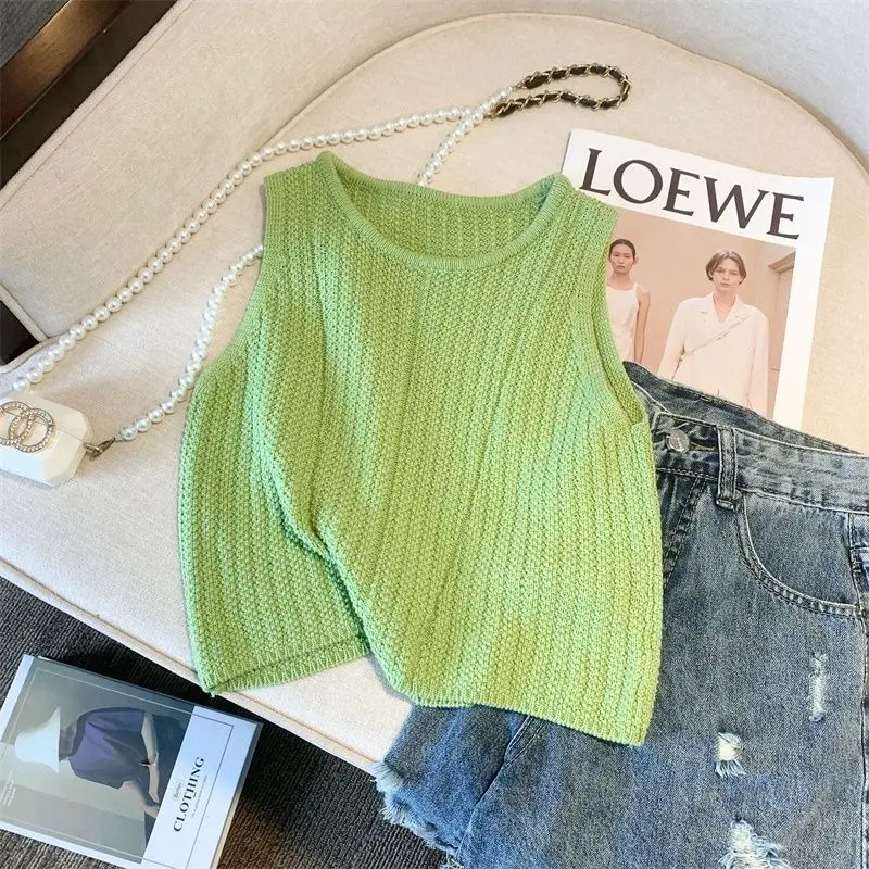 Áo Vest, Thời Trang, Phong Cách Mới, Áo Thun Không Tay Dệt Kim Mùa Hè Cho Nữ, Thanh Lịch Và Dễ Phối Đồ Vừa Vặn, Áo Ngắn, Áo Thun Lớp Nền