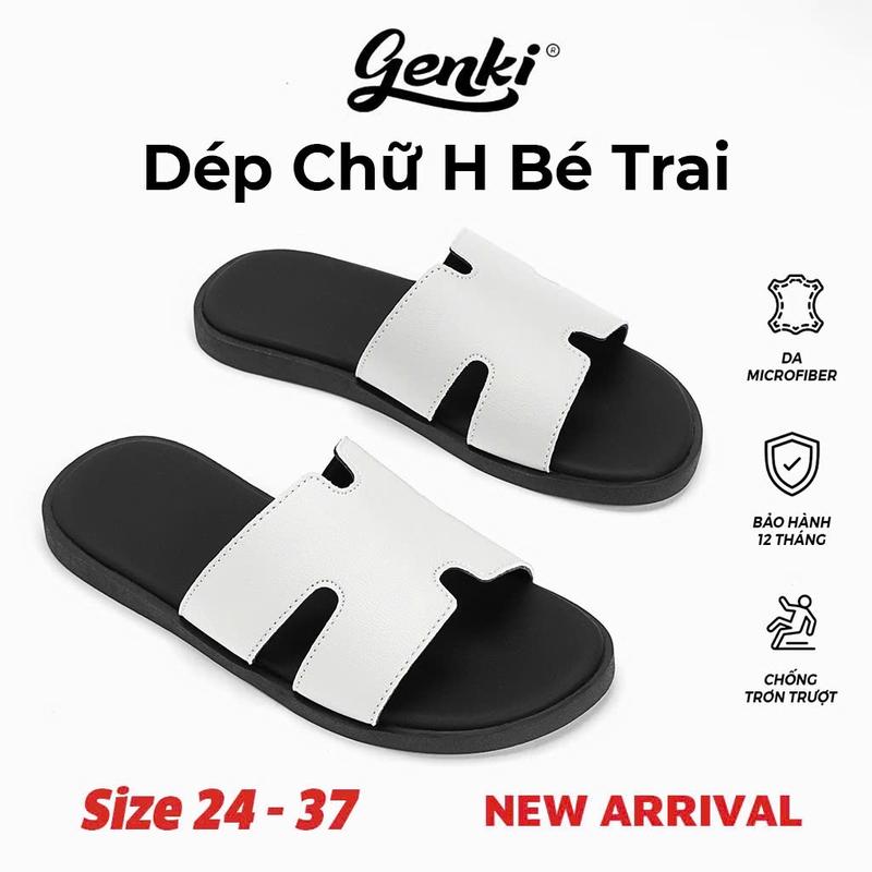 Dép Lê Chữ H Genki Bé Trai Quai Da Đế Cao Su Chống Trơn Trượt Màu Trắng Kem Voi Sandal dép  bé dép  chữ Dép Sandal