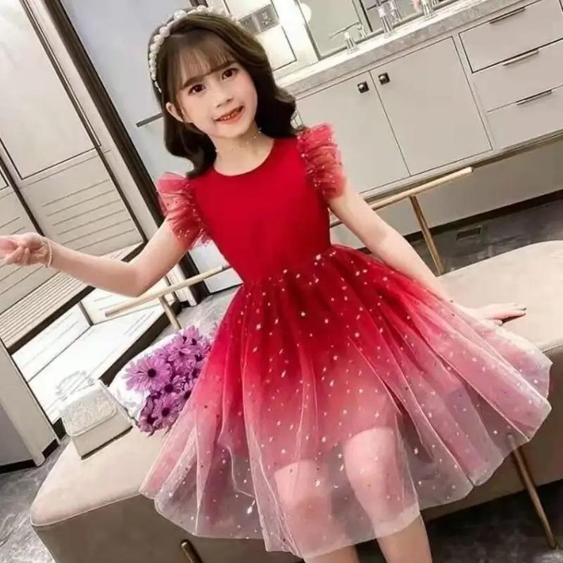 Girls Starry Sky Gradient Princess Dress Summer Sleeveless Fashion Gauze Dress New Years Children's Birthday Party Present 5