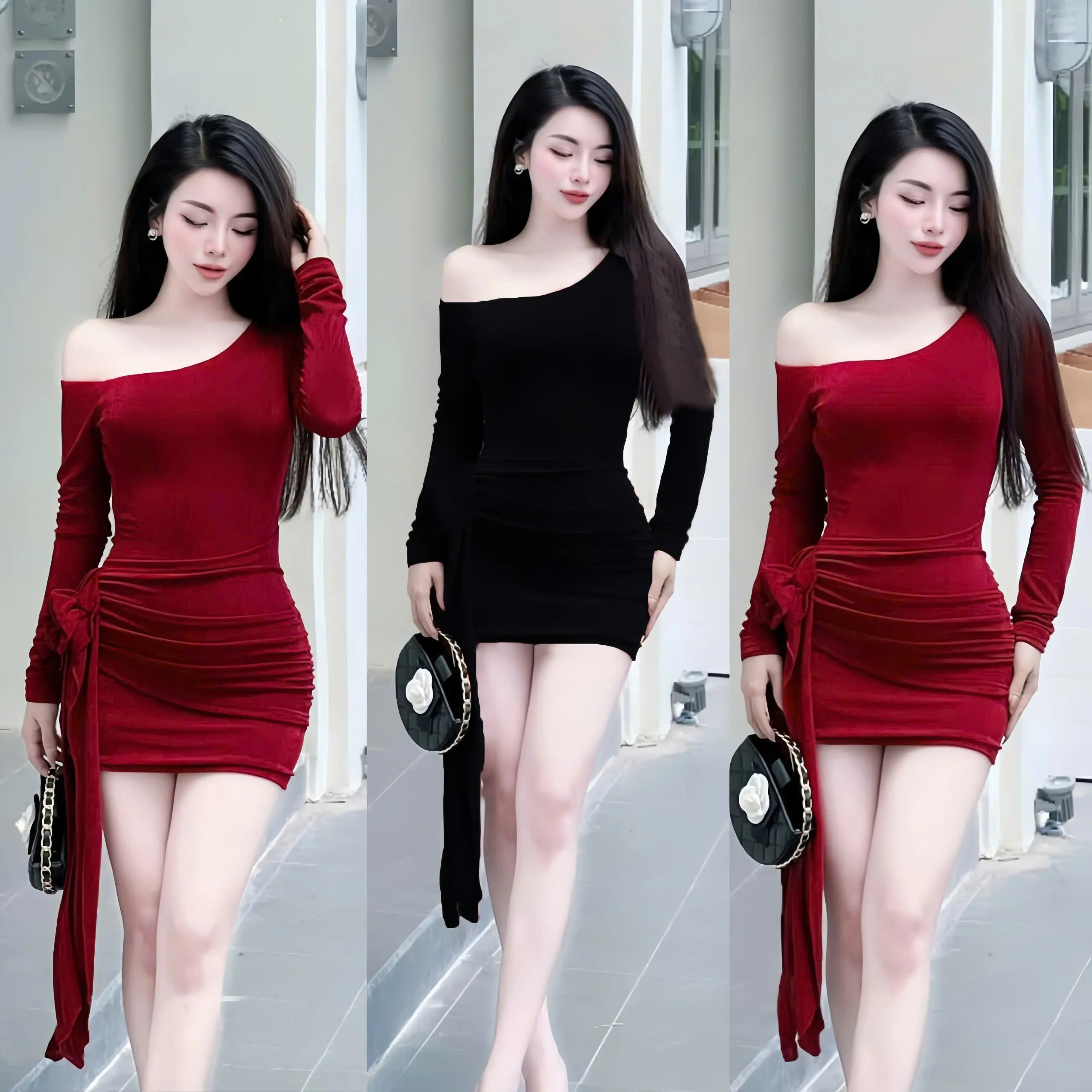 Đầm Body Ngắn Lệch Vai Tay Dài Phối Hoa Hông Kèm Dây Tua Rua Mix Miếng Đắp Bụng Chất Thun Ladong Dễ Thương Đi Tiệc Đi Chơi H Nữ Kem Women Dress
