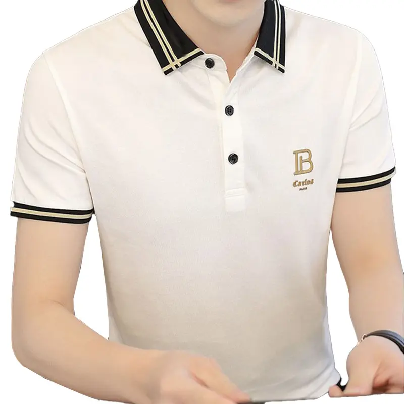 Áo thun nam đẹp có cổ tay ngắn thêu B - trắng mẫu đẹp 2024 Menswear Ngắn Tay Polo Cotton 0