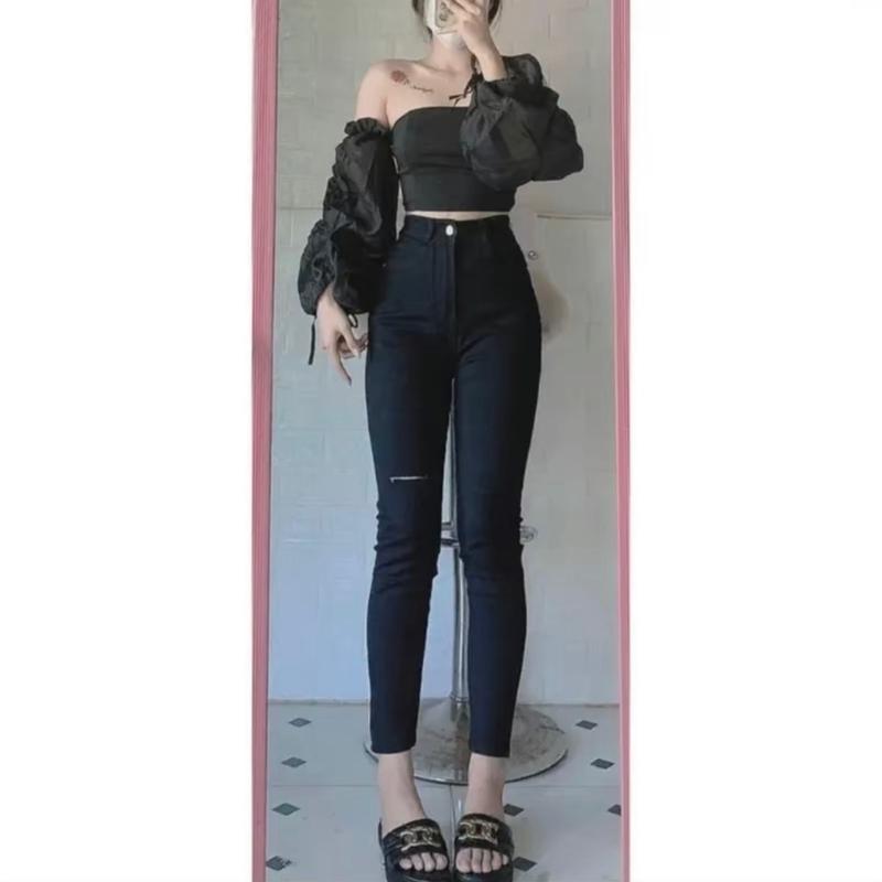 Quần Jean Nữ Đen Ôm Rách Đùi Co Giãn Bigsize 60kg-98kg - Pants, Women