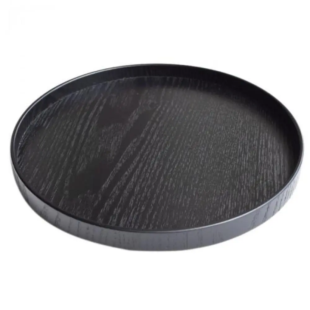 Round Wooden Plate Food Snack Serving Trays Salad Bowl Platter Black