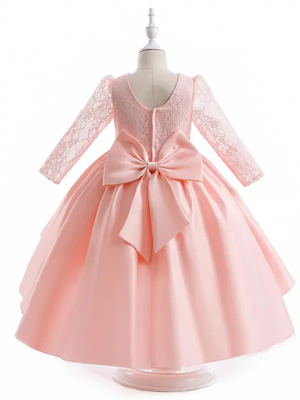 Girl's Contrast Lace Bow Decor Tiered Layer High Low Hem Satin Dress, Elegant Puff Sleeve Round Neck Midi Dress for Party Wedding Guest, Kids Clothes for All Seasons 6