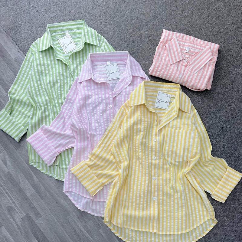 Áo sơ mi sọc dọc cho nữ áo sơ mi from rộng vừa chất xô hàn Top Women