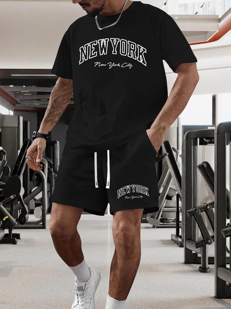 Product Introduction of Men's New York Print Short Sleeve Tee & Shorts Set, Regular Fit Casual Round Neck T-shirt & Track Shorts, Summer Clothes Set for Men 1