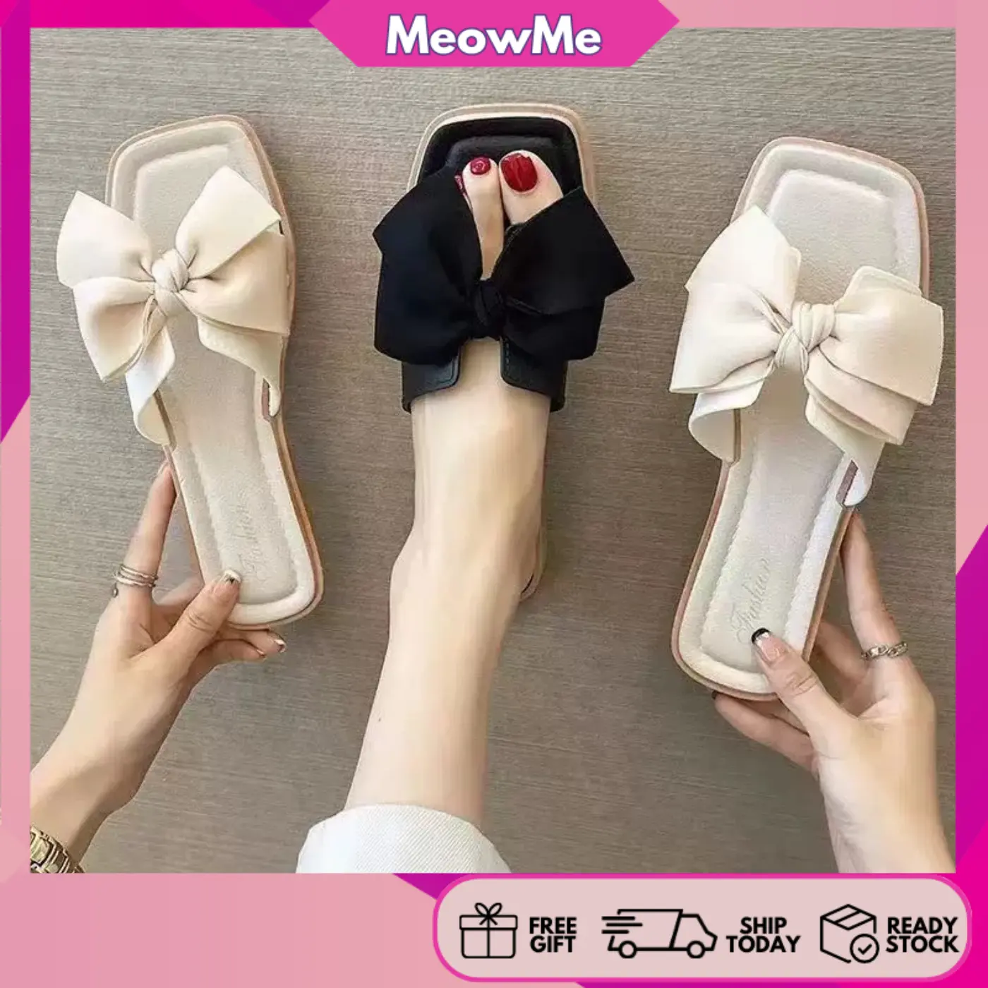 READY STOCK Meowme Women's Sandal Wanita Flat Kasut Wanita Riben Ribbon Beach 395