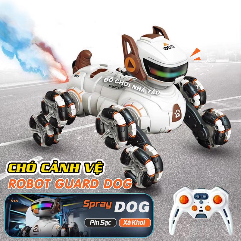 Đồ chơi chú chó robot cảnh vệ 8 bánh phun sương xả khói điều khiển từ xa sử dụng pin sạc, âm thanh, đèn led nhiều chức năng chi chuyển. Toy