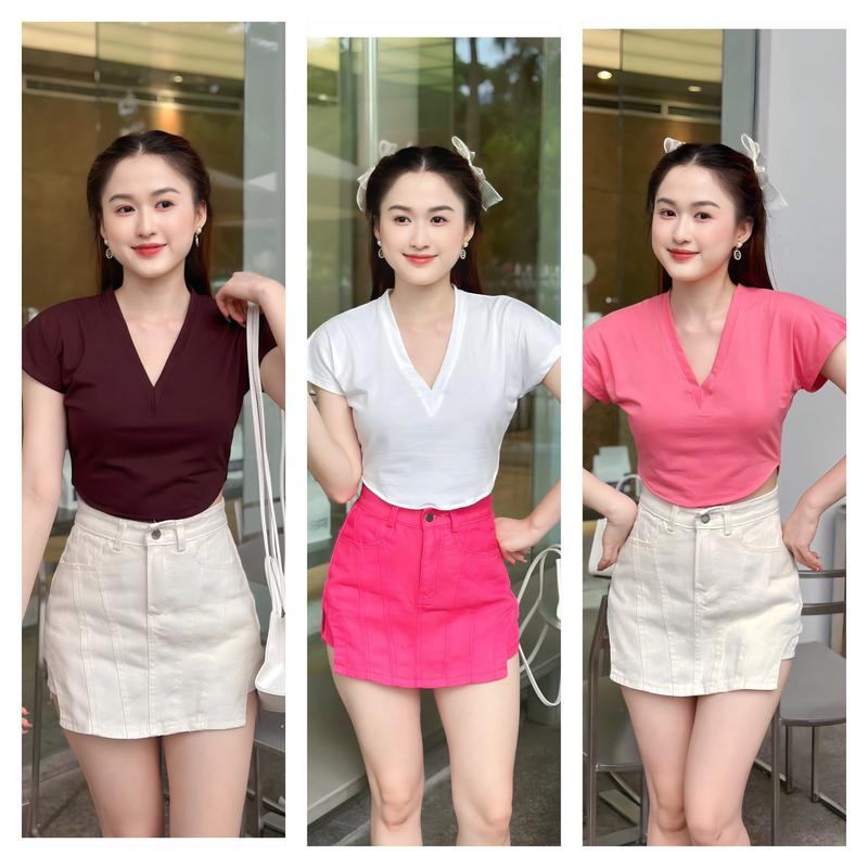 Áo croptop nữ tay ngắn vạt bầu cổ tim chất thun cotton 2 chiều mềm mịn mát - A0166